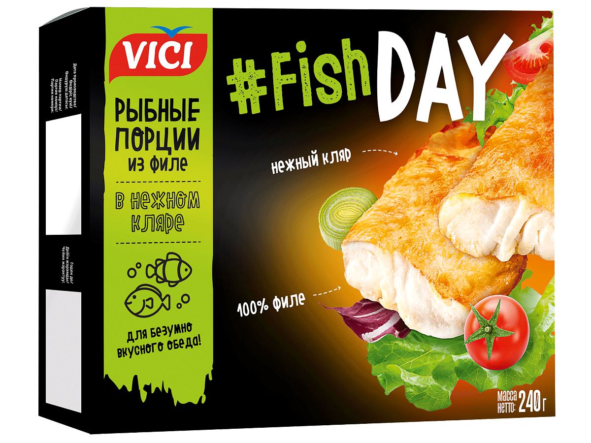 VICI Рыбные порции из филе в нежном кляре "Fish DAY" 240гр/10шт K PST 060. V PST 005